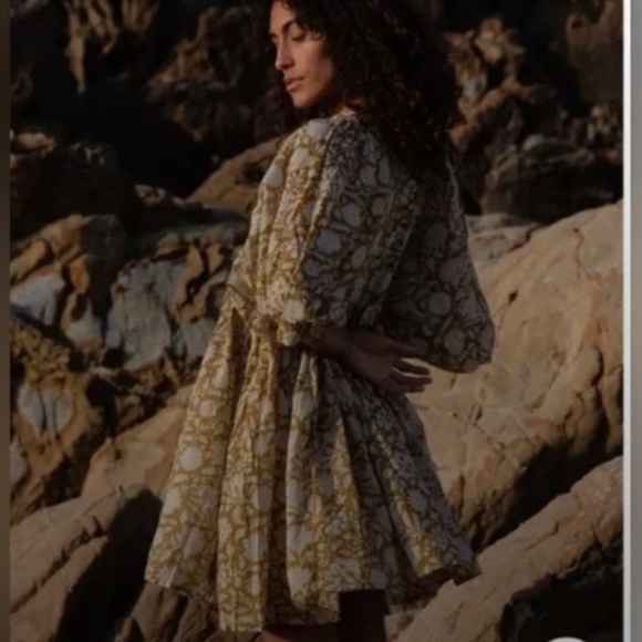 Daughters of India Women Kyra ¾ Sleeve Mini Dress Sz XL Olive Flowy Cotton Light - Picture 8 of 14